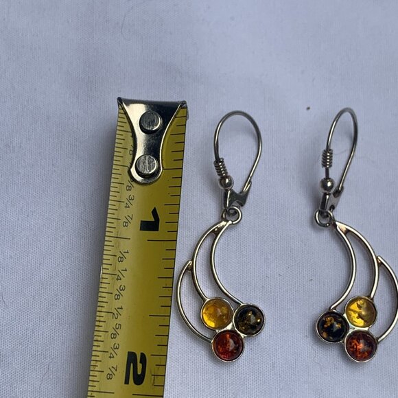 Amber Dangle Earrings With Sterling Silver Hooks & Multicolor Gemstones - Picture 3 of 8